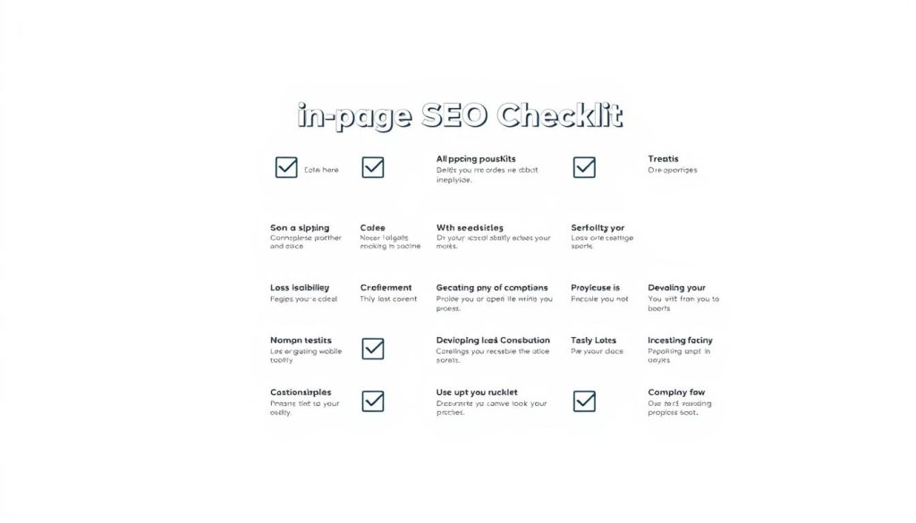 A clean, minimalist on-page SEO checklist laid out on a light gray background. The checklist items are presented in a neat grid layout, each with a simple icon and a concise, informative title. The overall design is professional and practical, conveying a sense of efficiency and organization. The lighting is soft and diffused, creating a clear, well-defined visual hierarchy. The camera angle is slightly elevated, giving the viewer a birds-eye perspective on the checklist. The mood is focused and task-oriented, inviting the viewer to engage with the content. A clean, minimalist on-page SEO checklist laid out on a light gray background. The checklist items are presented in a neat grid layout, each with a simple icon and a concise, informative title. The overall design is professional and practical, conveying a sense of efficiency and organization. The lighting is soft and diffused, creating a clear, well-defined visual hierarchy. The camera angle is slightly elevated, giving the viewer a birds-eye perspective on the checklist. The mood is focused and task-oriented, inviting the viewer to engage with the content.
