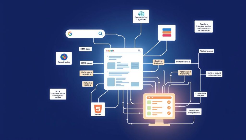 A complex, interconnected diagram showcasing the key elements of technical SEO. In the foreground, a stylized search engine interface with crawlers, indexing, and ranking algorithms. In the middle ground, a web page structure with HTML tags, metadata, and performance optimizations. In the background, a server infrastructure with protocols, redirects, and sitemap integrations. The scene is illuminated by a soft, warm glow, conveying the technical depth and importance of these on-page SEO factors. The overall aesthetic is clean, modern, and visually striking, reflecting the precision and complexity of the topic. A complex, interconnected diagram showcasing the key elements of technical SEO. In the foreground, a stylized search engine interface with crawlers, indexing, and ranking algorithms. In the middle ground, a web page structure with HTML tags, metadata, and performance optimizations. In the background, a server infrastructure with protocols, redirects, and sitemap integrations. The scene is illuminated by a soft, warm glow, conveying the technical depth and importance of these on-page SEO factors. The overall aesthetic is clean, modern, and visually striking, reflecting the precision and complexity of the topic.