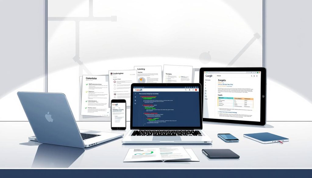 A detailed comparative analysis of leading on-page SEO tools laid out on a modern, minimalist workspace. In the foreground, a variety of digital devices - laptop, tablet, smartphone - displaying the user interfaces of top-rated on-page optimization platforms. Sleek, metallic surfaces reflect the soft, directional lighting from above, casting subtle shadows. In the middle ground, neatly organized notes, checklists, and reports provide context. The background features a clean, white wall with abstract, geometric patterns, creating a sense of depth and sophistication. The overall scene conveys a professional, data-driven approach to improving website visibility and search engine rankings. A detailed comparative analysis of leading on-page SEO tools laid out on a modern, minimalist workspace. In the foreground, a variety of digital devices - laptop, tablet, smartphone - displaying the user interfaces of top-rated on-page optimization platforms. Sleek, metallic surfaces reflect the soft, directional lighting from above, casting subtle shadows. In the middle ground, neatly organized notes, checklists, and reports provide context. The background features a clean, white wall with abstract, geometric patterns, creating a sense of depth and sophistication. The overall scene conveys a professional, data-driven approach to improving website visibility and search engine rankings.