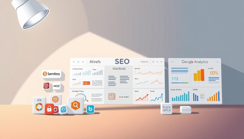 A detailed comparison of popular SEO tools, presented in a clean, minimalist layout. The foreground features neatly-arranged icons and logos of leading SEO software, including Ahrefs, Semrush, Moz, and Google Analytics. The middle ground showcases various metrics and analytical data visualizations, highlighting the key features and capabilities of each tool. The background is a soft, gradient-based design in muted tones, creating a professional, business-focused atmosphere. Dramatic, directional lighting from the top left casts subtle shadows, emphasizing the comparative nature of the scene. The overall mood is one of informed decision-making, guiding the viewer towards the most suitable SEO tools for their specific needs. A detailed comparison of popular SEO tools, presented in a clean, minimalist layout. The foreground features neatly-arranged icons and logos of leading SEO software, including Ahrefs, Semrush, Moz, and Google Analytics. The middle ground showcases various metrics and analytical data visualizations, highlighting the key features and capabilities of each tool. The background is a soft, gradient-based design in muted tones, creating a professional, business-focused atmosphere. Dramatic, directional lighting from the top left casts subtle shadows, emphasizing the comparative nature of the scene. The overall mood is one of informed decision-making, guiding the viewer towards the most suitable SEO tools for their specific needs.