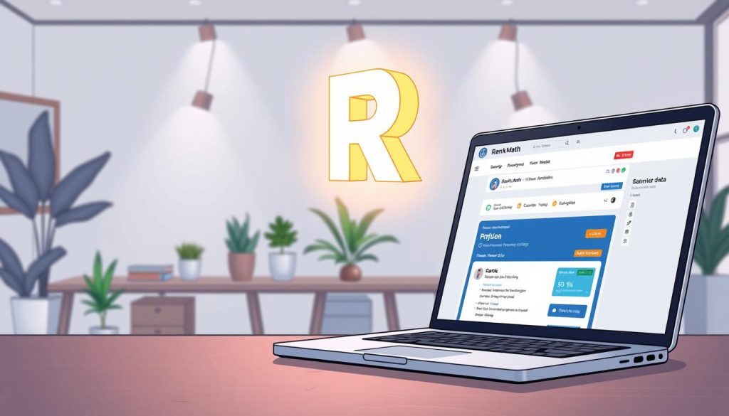 A detailed illustration of the Rank Math Schema Markup interface, showcasing its intuitive dashboard and optimization features. In the foreground, a laptop screen displays the Rank Math plugin seamlessly integrated into a WordPress website, highlighting its structured data and SEO recommendations. The middle ground features a floating 3D model of the Rank Math logo, emitting a soft, warm glow that illuminates the scene. In the background, a minimalist workspace setting with potted plants and elegant office decor creates a professional and productive atmosphere. The overall composition conveys the power and simplicity of Rank Math, a top-tier SEO tool for WordPress optimization. A detailed illustration of the Rank Math Schema Markup interface, showcasing its intuitive dashboard and optimization features. In the foreground, a laptop screen displays the Rank Math plugin seamlessly integrated into a WordPress website, highlighting its structured data and SEO recommendations. The middle ground features a floating 3D model of the Rank Math logo, emitting a soft, warm glow that illuminates the scene. In the background, a minimalist workspace setting with potted plants and elegant office decor creates a professional and productive atmosphere. The overall composition conveys the power and simplicity of Rank Math, a top-tier SEO tool for WordPress optimization.
