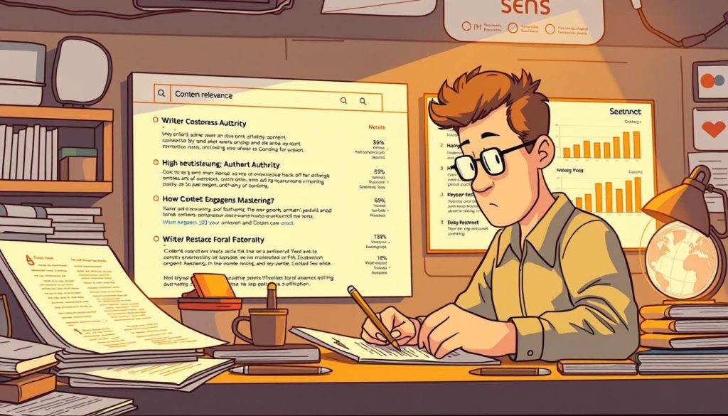A detailed illustration showcasing content relevance and topical authority. In the foreground, a writer meticulously crafting an article, surrounded by research materials and digital tools. The middle ground features a search engine results page, highlighting high-ranking, authoritative content. In the background, a data visualization dashboard displays metrics such as search volume, keyword difficulty, and content engagement. Warm lighting casts a focused, professional atmosphere, conveying the importance of strategic content creation for improving search engine rankings. The scene is captured through a wide-angle lens, emphasizing the interconnected nature of on-page SEO, content relevance, and topical authority. A detailed illustration showcasing content relevance and topical authority. In the foreground, a writer meticulously crafting an article, surrounded by research materials and digital tools. The middle ground features a search engine results page, highlighting high-ranking, authoritative content. In the background, a data visualization dashboard displays metrics such as search volume, keyword difficulty, and content engagement. Warm lighting casts a focused, professional atmosphere, conveying the importance of strategic content creation for improving search engine rankings. The scene is captured through a wide-angle lens, emphasizing the interconnected nature of on-page SEO, content relevance, and topical authority.