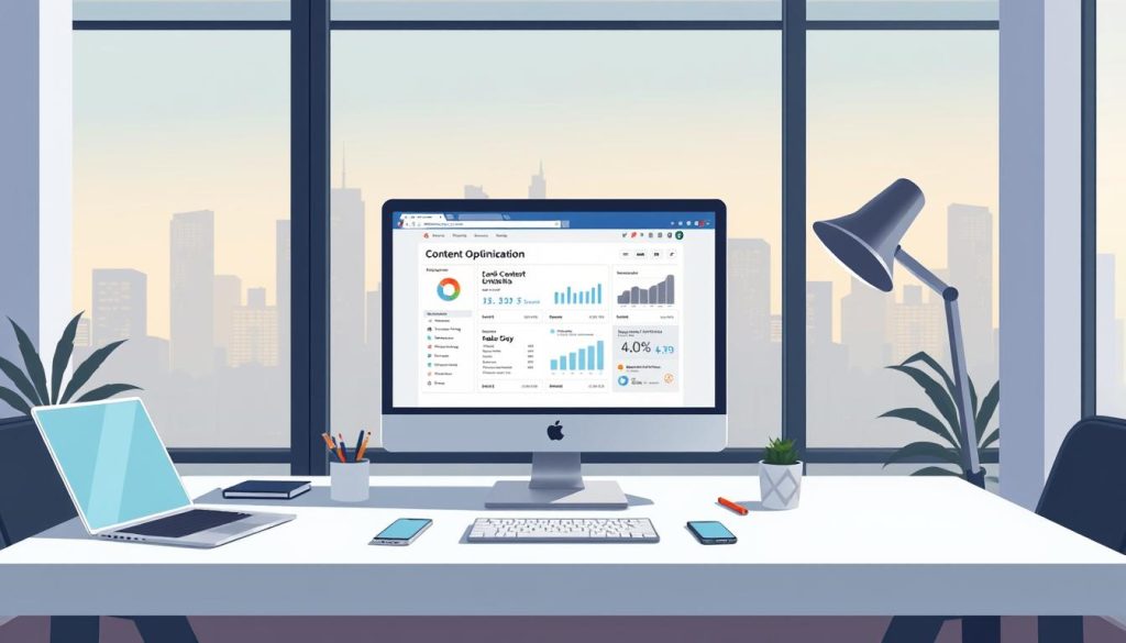 A professional office setting with a minimalist yet modern aesthetic. In the foreground, a desktop computer screen displays a web page with content optimization analytics and recommendations. The middle ground features a stylish office desk with a laptop, smartphone, and a few carefully curated office supplies. The background showcases large windows overlooking a cityscape, with a soft, warm lighting filtering in. The overall scene conveys a sense of productivity, efficiency, and a data-driven approach to content optimization. A professional office setting with a minimalist yet modern aesthetic. In the foreground, a desktop computer screen displays a web page with content optimization analytics and recommendations. The middle ground features a stylish office desk with a laptop, smartphone, and a few carefully curated office supplies. The background showcases large windows overlooking a cityscape, with a soft, warm lighting filtering in. The overall scene conveys a sense of productivity, efficiency, and a data-driven approach to content optimization.