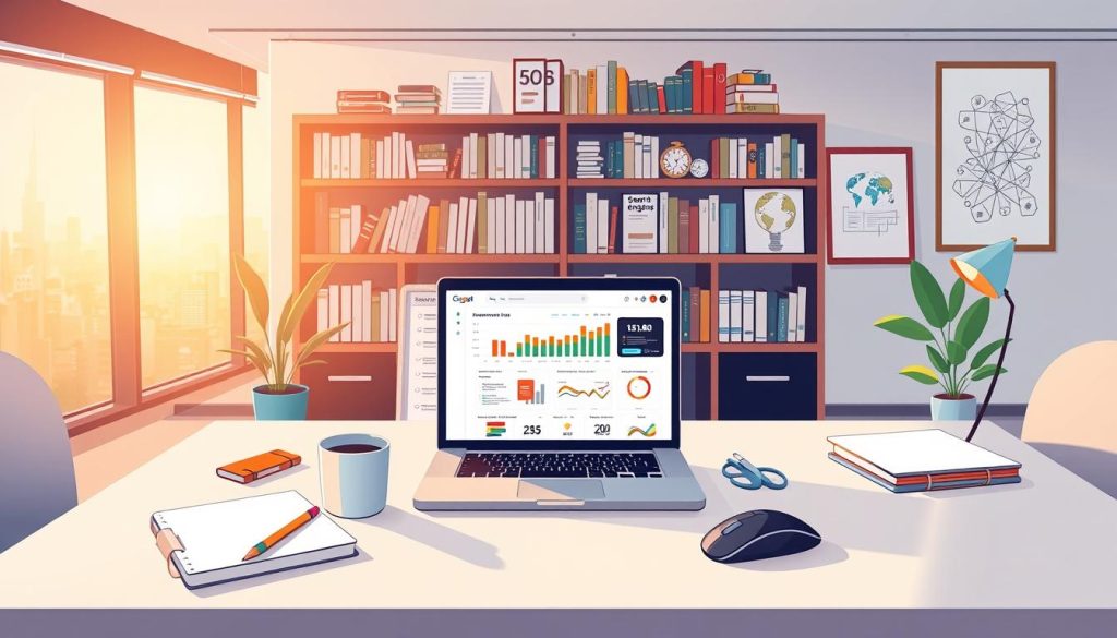 A serene office setting with a laptop displaying an SEO dashboard, surrounded by various productivity tools and resources. Warm, natural lighting filters through large windows, casting a soft glow on the scene. In the foreground, a clean, minimalist desk hosts a cup of coffee, a notebook, and a mouse - all the essentials for an efficient SEO campaign setup. The middle ground features bookshelves filled with marketing and digital strategy books, along with framed illustrations of search engine optimization concepts. The background showcases a cityscape visible through the windows, hinting at the global reach of the SEO efforts. An atmosphere of focus, organization, and anticipation of success permeates the image. A serene office setting with a laptop displaying an SEO dashboard, surrounded by various productivity tools and resources. Warm, natural lighting filters through large windows, casting a soft glow on the scene. In the foreground, a clean, minimalist desk hosts a cup of coffee, a notebook, and a mouse - all the essentials for an efficient SEO campaign setup. The middle ground features bookshelves filled with marketing and digital strategy books, along with framed illustrations of search engine optimization concepts. The background showcases a cityscape visible through the windows, hinting at the global reach of the SEO efforts. An atmosphere of focus, organization, and anticipation of success permeates the image.