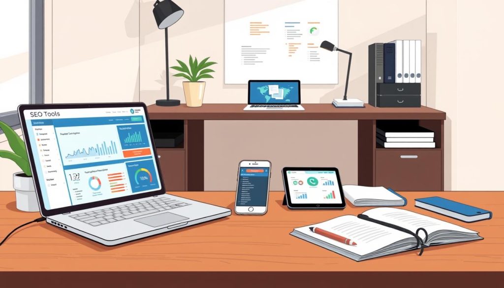 A sleek, modern office workspace showcasing various SEO tools. In the foreground, a laptop displays a suite of analytics dashboards and optimization interfaces. In the middle ground, a smartphone, tablet, and notebook are arranged, highlighting the cross-device capabilities of the free SEO tools. The background features a minimalist desk setup with a plant, desk lamp, and other office accessories, conveying a sense of productivity and professionalism. The lighting is soft and natural, creating a warm, inviting atmosphere. The overall scene aims to demonstrate the accessibility and versatility of free SEO tools for digital marketing beginners. A sleek, modern office workspace showcasing various SEO tools. In the foreground, a laptop displays a suite of analytics dashboards and optimization interfaces. In the middle ground, a smartphone, tablet, and notebook are arranged, highlighting the cross-device capabilities of the free SEO tools. The background features a minimalist desk setup with a plant, desk lamp, and other office accessories, conveying a sense of productivity and professionalism. The lighting is soft and natural, creating a warm, inviting atmosphere. The overall scene aims to demonstrate the accessibility and versatility of free SEO tools for digital marketing beginners.