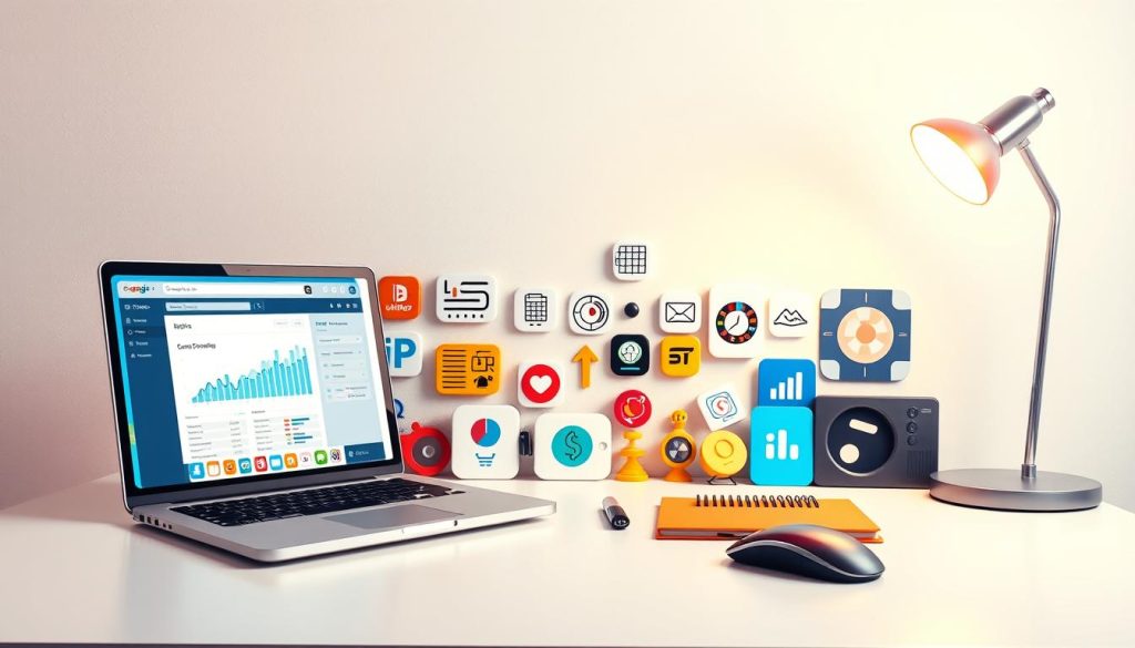 A vibrant, high-contrast composition showcasing a diverse array of essential SEO tools arranged on a sleek, minimalist workspace. In the foreground, a stylized laptop displays a search engine optimization dashboard, its screen emanating a soft, digital glow. Surrounding it, an assortment of iconic SEO-focused apps, analytics platforms, and content optimization utilities are neatly organized, their intuitive interfaces and colorful icons suggesting their powerful capabilities. The middle ground features a selection of productivity accessories, such as a high-end mouse, a precision stylus, and a modern desk lamp, bathed in a warm, focused light that illuminates the scene. In the background, a clean, white-washed wall provides a crisp, uncluttered backdrop, allowing the SEO tools to take center stage and convey a sense of professionalism and efficiency. A vibrant, high-contrast composition showcasing a diverse array of essential SEO tools arranged on a sleek, minimalist workspace. In the foreground, a stylized laptop displays a search engine optimization dashboard, its screen emanating a soft, digital glow. Surrounding it, an assortment of iconic SEO-focused apps, analytics platforms, and content optimization utilities are neatly organized, their intuitive interfaces and colorful icons suggesting their powerful capabilities. The middle ground features a selection of productivity accessories, such as a high-end mouse, a precision stylus, and a modern desk lamp, bathed in a warm, focused light that illuminates the scene. In the background, a clean, white-washed wall provides a crisp, uncluttered backdrop, allowing the SEO tools to take center stage and convey a sense of professionalism and efficiency.