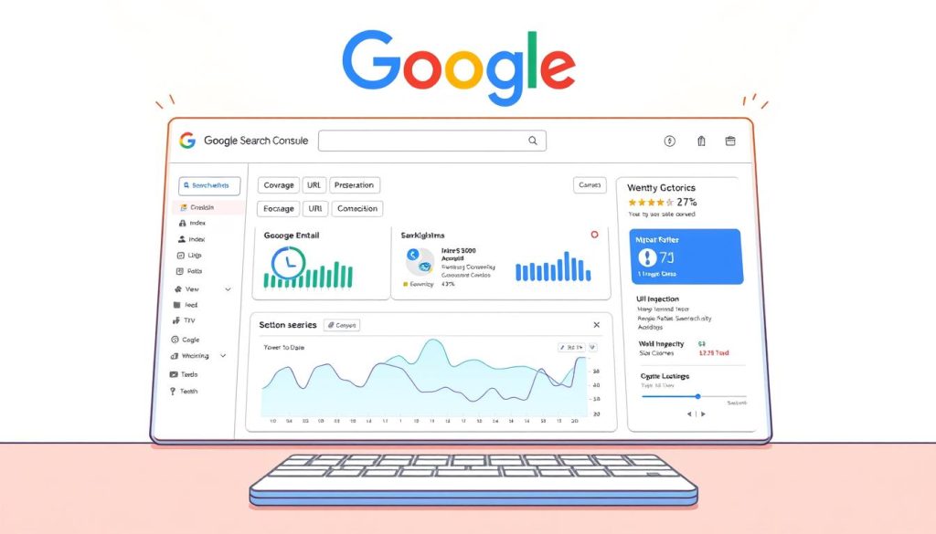 A well-lit, high-fidelity digital illustration of the Google Search Console interface. The foreground features the main dashboard with clear visualizations of website performance data, search metrics, and optimization suggestions. The middle ground showcases the navigation menu with categories such as "Index," "Coverage," "URL Inspection," and "Security & Manual Actions." The background subtly depicts the Google logo and branding, creating a cohesive and professional aesthetic. The overall scene conveys a sense of clarity, actionable insights, and Google's authoritative stance in the SEO landscape, presented in a sleek, modern style suitable for a tutorial on top SEO tools. A well-lit, high-fidelity digital illustration of the Google Search Console interface. The foreground features the main dashboard with clear visualizations of website performance data, search metrics, and optimization suggestions. The middle ground showcases the navigation menu with categories such as "Index," "Coverage," "URL Inspection," and "Security & Manual Actions." The background subtly depicts the Google logo and branding, creating a cohesive and professional aesthetic. The overall scene conveys a sense of clarity, actionable insights, and Google's authoritative stance in the SEO landscape, presented in a sleek, modern style suitable for a tutorial on top SEO tools.