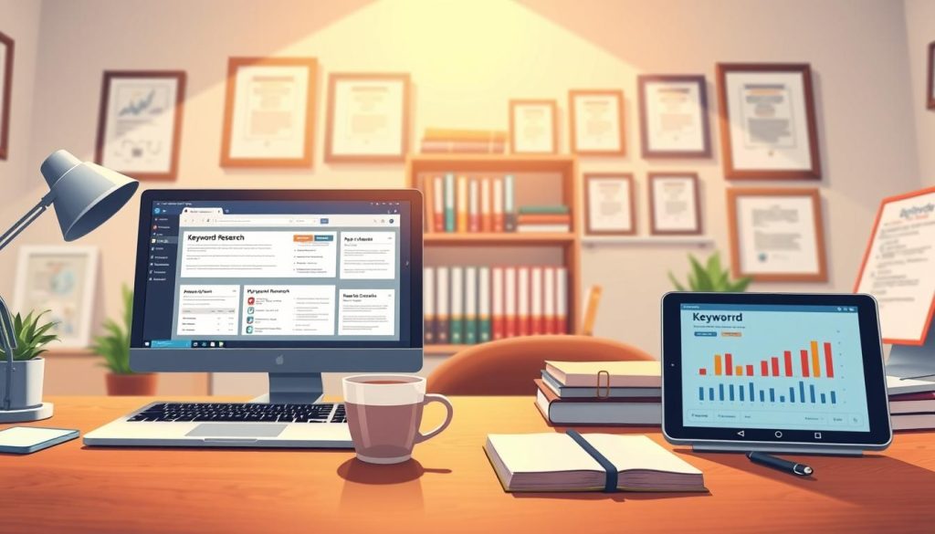 A well-lit office workspace with a desk, computer, and various digital marketing tools displayed prominently. In the foreground, a laptop screen showcases several keyword research software applications, each with clear and informative user interfaces. In the middle ground, a smartphone displays analytics and keyword data, while a cup of coffee and a notebook suggest a focused, productive atmosphere. The background features shelves of reference books and framed certificates, conveying a sense of expertise and professionalism. The lighting is bright and warm, creating a clean, modern aesthetic that reflects the digital nature of the subject matter.